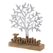 Levensboom met opschrift familie houten figuur 20x27cm sierfiguur aluminium mangohout