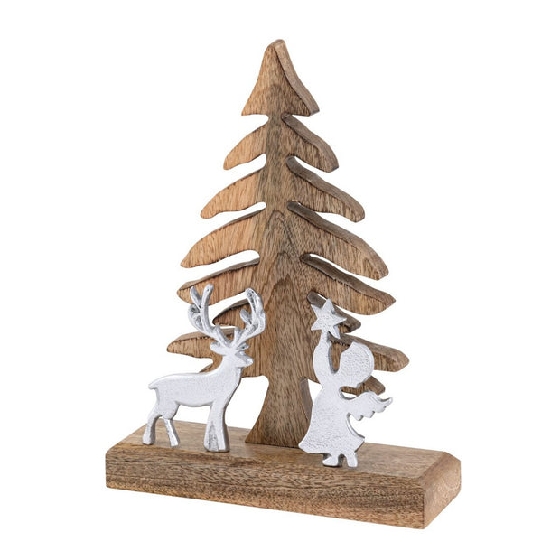 Houten figuur kerstboom met hert en engel 20x27cm Kerstdecoratie mangohout aluminium