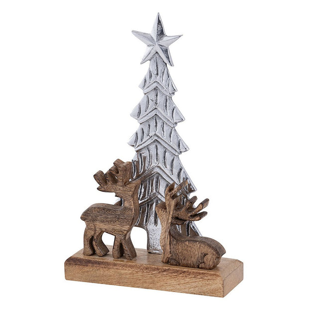 Decoratief figuur kerstboom met hert 20x31cm Kerstdecoratie mangohout aluminium