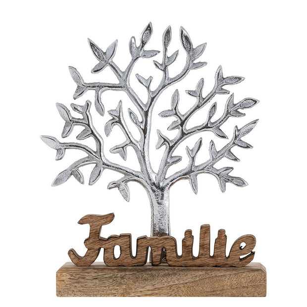 Levensboom met opschrift familie houten figuur 20x27cm sierfiguur aluminium mangohout