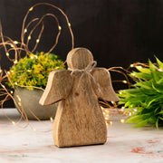 Decoratieve engel houten figuur 15x13cm geluksengel kerstdecoratie mangohout